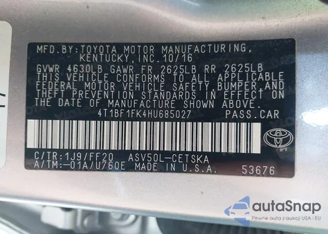 2017 Toyota Camry Se z USA, uszkodzony, nr VIN 4T1BF1FK4HU685027